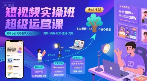 短视频实操班超级运营课，新手小白到短视频大神必修课程，剪辑-拍摄-运营-直播-变现-网创百晓生