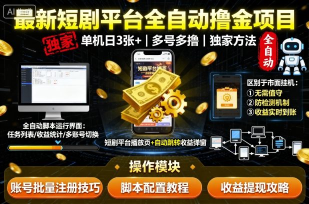 最新短剧平台全自动挂G撸金项目，单机一天3张+，多号多撸，区别于市面所有挂机项目，独家方法【揭秘】-网创百晓生