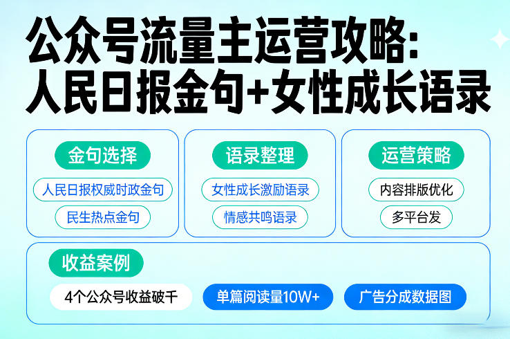 利用人民日报金句+女性成长语录做公众号流量主，4个公众号收益破千-网创百晓生