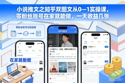 小说推文之知乎双图文从0—1实操课，零粉丝账号在家就能做，一天收益几张-网创百晓生