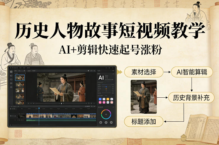 历史人物故事短视频教学，AI+剪辑制作历史人物题材短视频，快速起号涨粉-网创百晓生