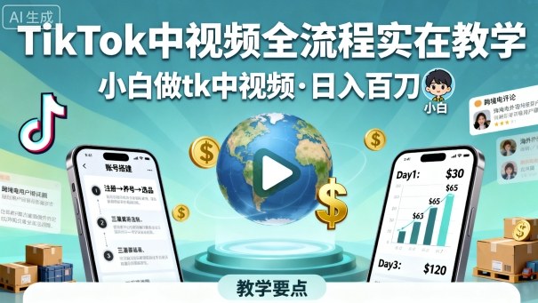 TikTok中视频全流程实操教学，小白做tk中视频，日入百刀-网创百晓生