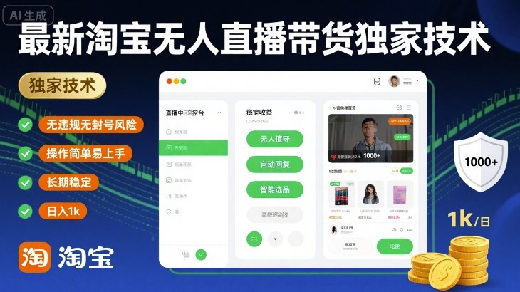 最新淘宝无人直播带货独家技术，无违规无封号风险，操作简单易上手，长期稳定日入1k【揭秘】-网创百晓生