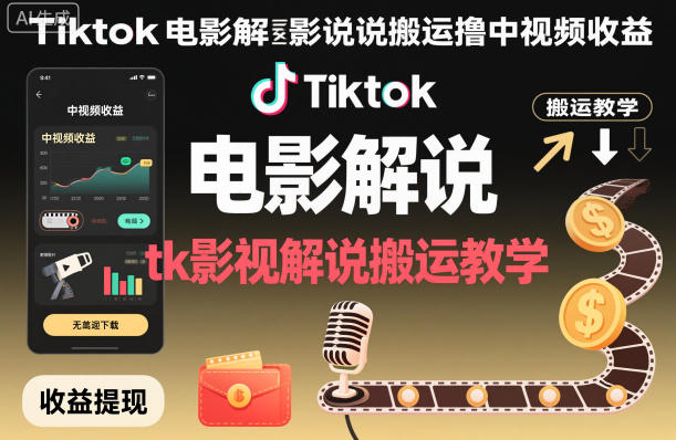 Tiktok电影解说搬运撸中视频收益，tk影视解说搬运教学-网创百晓生