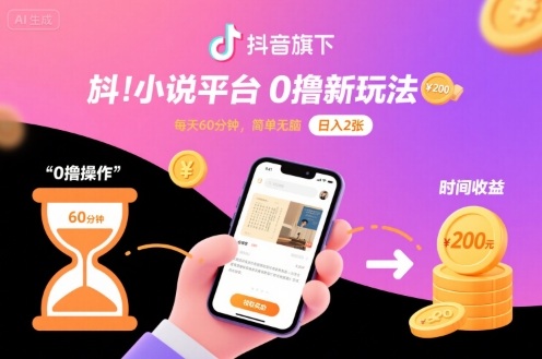 抖音旗下小说平台0撸新玩法，每天挂G60分钟，简单无脑，日入2张【揭秘】-网创百晓生