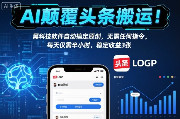 AI颠覆头条搬运！黑科技软件自动搞定原创，无需任何指令。每天仅需半小时，稳定收益3张【揭秘】-网创百晓生