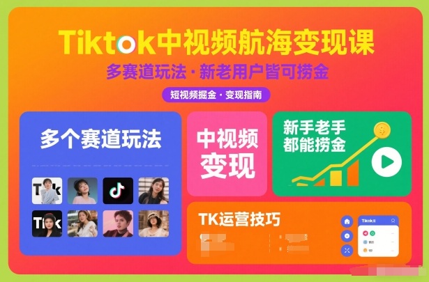 Tiktok中视频航海变现课，多个赛道玩法，新手老手都能在TK中视频捞金-网创百晓生