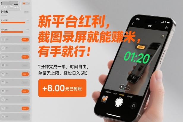 新平台红利，截图录屏就能賺米，有手就行！2分钟完成一单，时间自由，单量无上限，轻松日入5张【揭秘】-网创百晓生