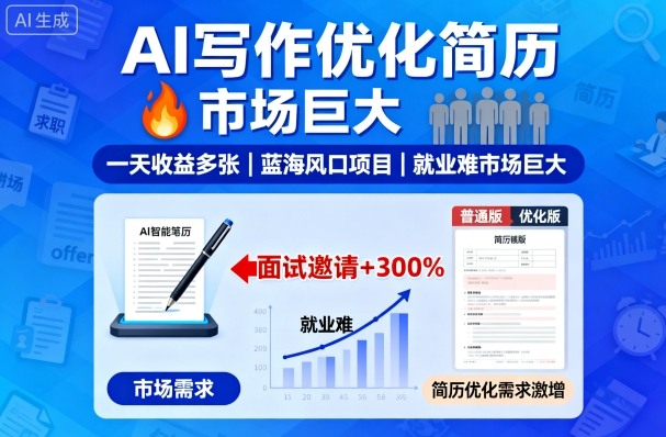 AI写作优化简历，一天收益多张，蓝海风口项目，就业难市场巨大-网创百晓生