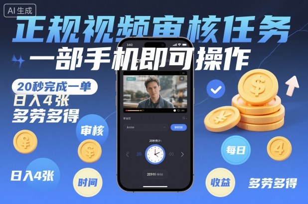 正规视频审核任务，一部手机即可操作，20秒完成一单，日入4张，多劳多得【揭秘】-网创百晓生