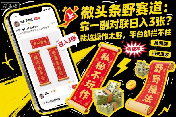 微头条野赛道，靠一副对联日入3张？我这操作太野，平台都拦不住！-网创百晓生