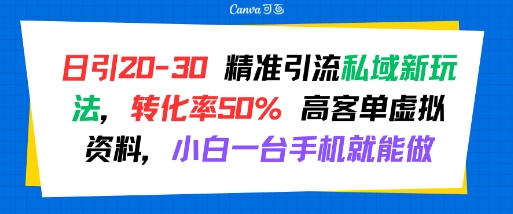 日引 20-30 精准引流私域新玩法，转化率50% 高客单虚拟资料，小白一台手机就能做-网创百晓生