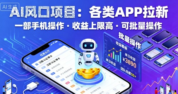 AI风口项目，各类APP拉新，一部手机就可以操作，收益上限高，可批量操作-网创百晓生