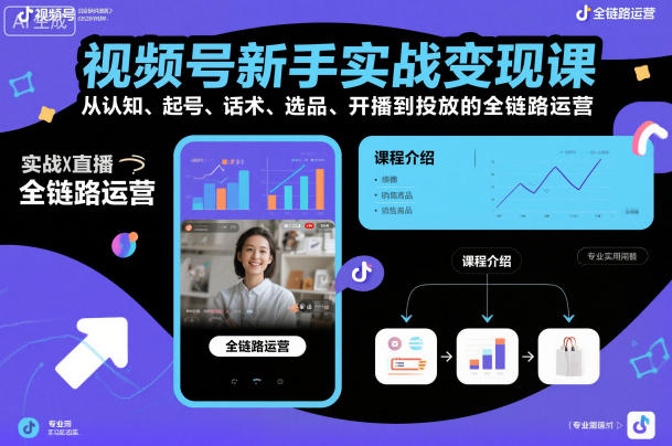 视频号新手实战变现课，从认知、起号、话术、选品、开播到投放的全链路运营-网创百晓生
