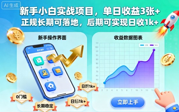 新手小白实战项目，单日收益3张+，正规长期可落地，后期可实现日收1k+【揭秘】-网创百晓生