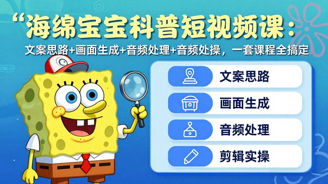 海绵宝宝科普短视频课：文案思路+画面生成+音频处理+剪辑实操，一套课程全搞定-网创百晓生