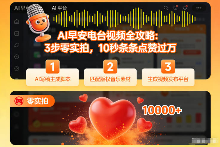 AI早安电台视频全攻略：3步零实拍，10秒条条点赞过万-网创百晓生