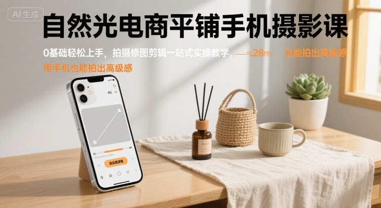自然光电商平铺手机摄影课，0基础轻松上手，拍摄修图剪辑一站式实操教学，用手机也能拍出高级感-网创百晓生