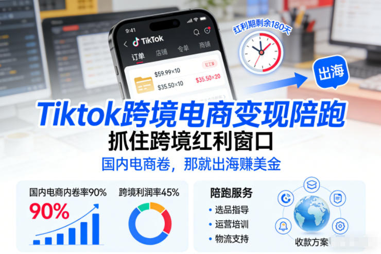 Tiktok跨境电商变现陪跑，抓住跨境红利窗口，国内电商卷，那就出海賺美金-网创百晓生