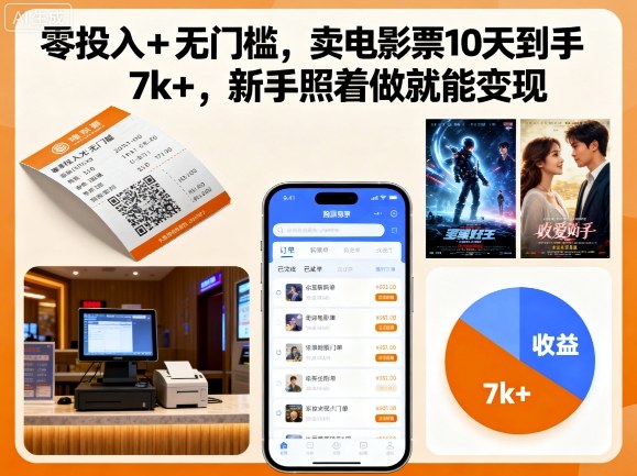 零投入+无门槛，卖电影票10天到手7k+，新手照着做就能变现【揭秘】-网创百晓生