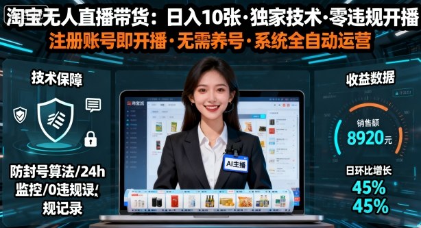 【最新】淘宝无人直播带货，日入10张，独家技术，无违规无封号，注册账号直接开播，不用养号【揭秘】-网创百晓生