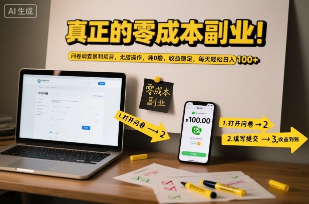 真正的零成本副业！问卷调查暴利项目，无脑操作，纯0撸，收益稳定，每天轻松日入100+【揭秘】-网创百晓生