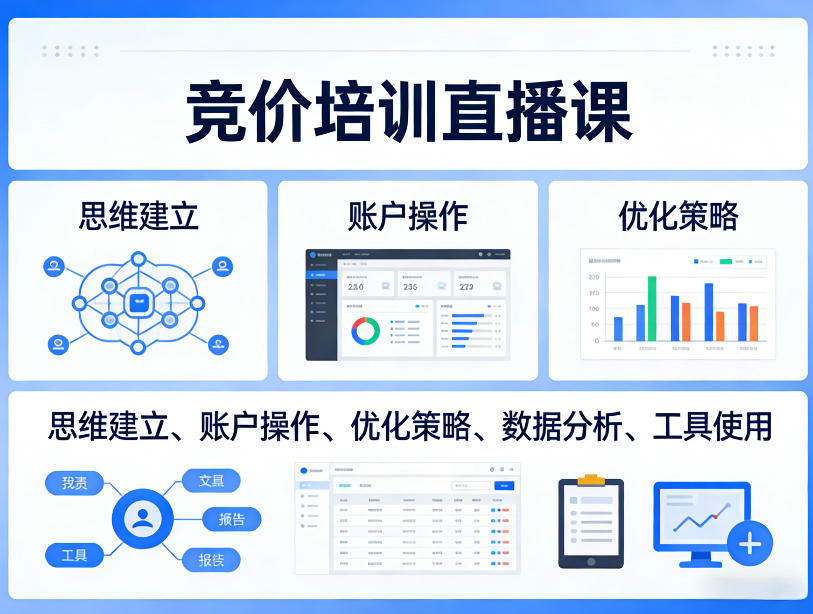 竞价培训直播课，覆盖思维建立、账户操作、优化策略、数据分析、工具使用等，全方位提升效果-网创百晓生