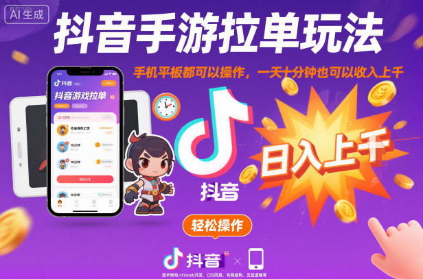 抖音手游拉单玩法，手机平板都可以操作，一天十分钟也可以收入上K【揭秘】-网创百晓生