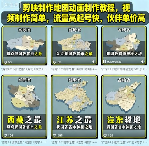 剪映制作地图动画制作教程，视频制作简单，流量高起号快，伙伴单价高-网创百晓生