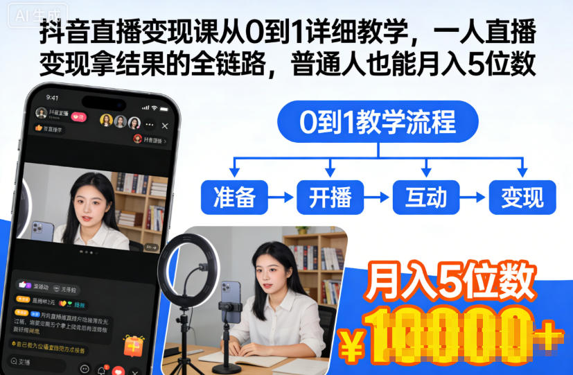抖音直播变现课从0到1详细教学，一人直播变现拿结果的全链路，普通人也能月入5位数-网创百晓生