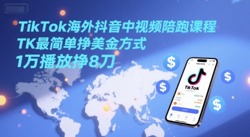 TikTok海外抖音中视频陪跑课程，TK最简单挣美金方式，1万播放挣8刀-网创百晓生