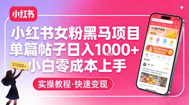小红书女粉黑马项目，单篇帖子日入1k+，小白零成本上手-网创百晓生