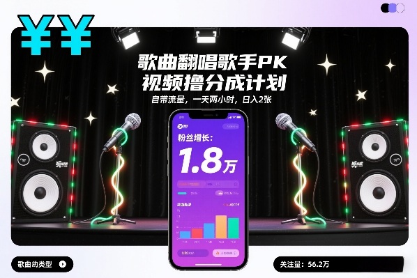 歌曲翻唱歌手PK视频撸分成计划，自带流量，一天两小时，日入2张-网创百晓生