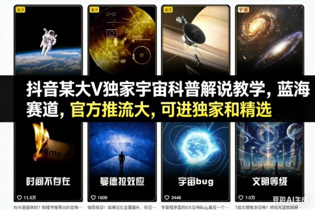 抖音某大V独家宇宙科普解说教学，蓝海赛道，官方推流大，可进独家和精选-网创百晓生